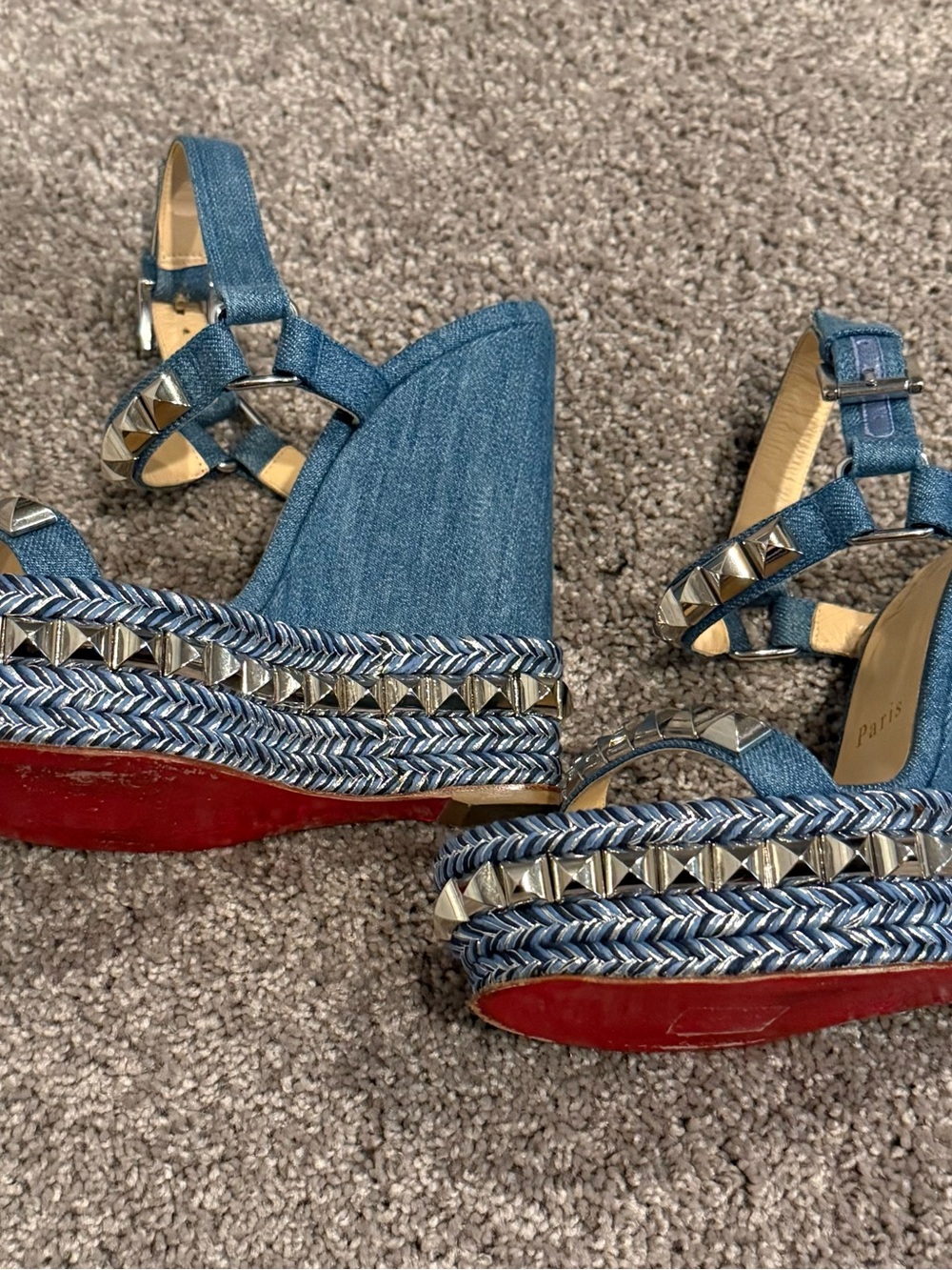 Christian Louboutin Denim Blue Studded Espadrille Wedge Sandals